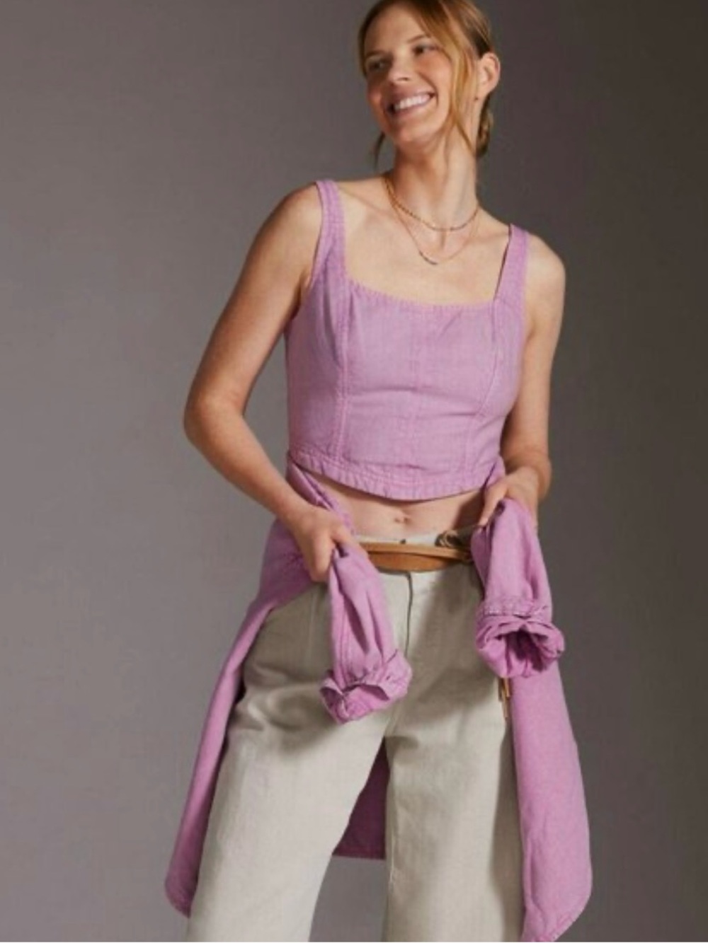 Pilcro Anthropologie Lilac Summer Corset Style Cropped Linen Blend Tank Top